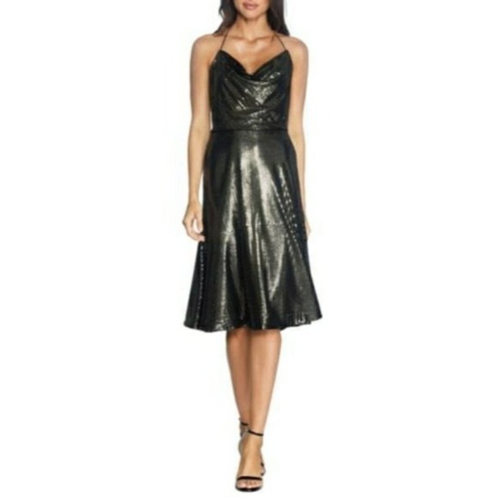 Dress the Population black & gold Zherra Sequin Midi Dress NEW